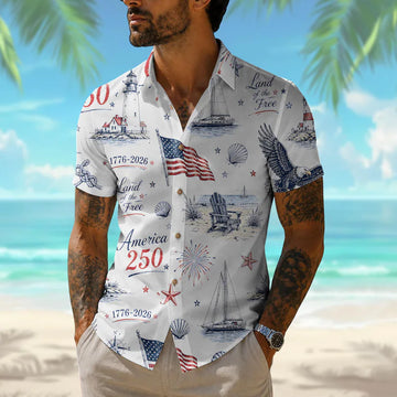 America 250 Coastal Hawaiian Shirt, Patriotic Beach Button Up Shirt, 1776-2026 USA Freedom Summer Shirt, Nautical Americana Vacation Shirt