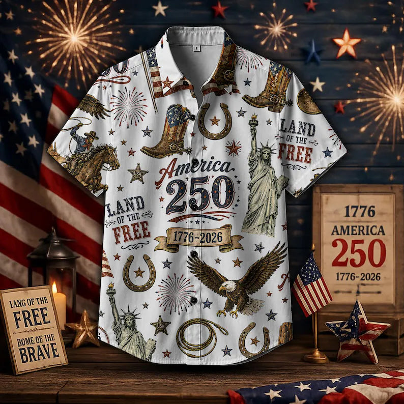 America 250 Cowboy Hawaiian Shirt,Patriotic Western Americana Button Up, Vintage USA Freedom Americana Button Down
