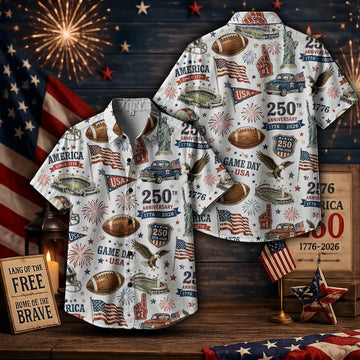 America 250 Football Hawaiian Shirt, Patriotic Game Day USA Button Up Shirt, Vintage Americana Football Shirt, 1776-2026 Fourth Of July