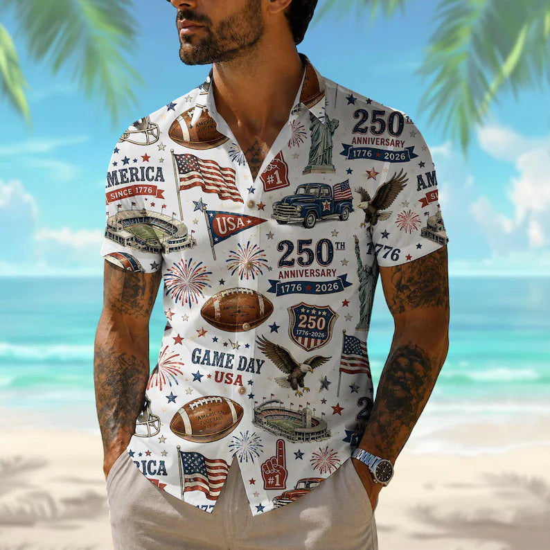 America 250 Football Hawaiian Shirt, Patriotic Game Day USA Button Up Shirt, Vintage Americana Football Shirt, 1776-2026 Fourth Of July