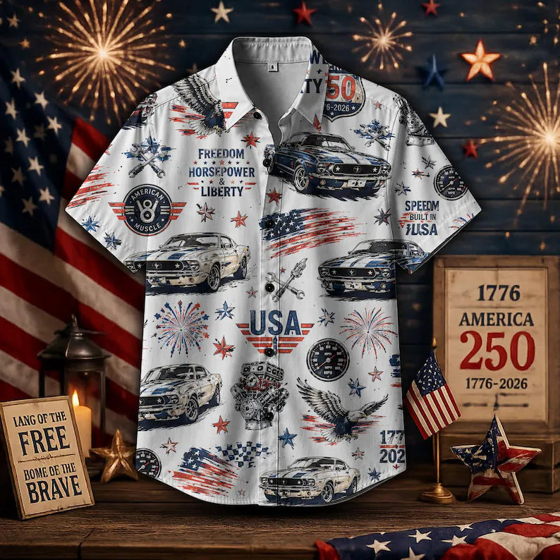 America 250 Hawaiian Shirt Men, Muscle Car Hawaiian Shirt, 250th Anniversary USA Shirt, 250 Years of America Celebration Button Down