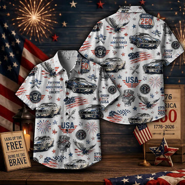 America 250 Hawaiian Shirt Men, Muscle Car Hawaiian Shirt, 250th Anniversary USA Shirt, 250 Years of America Celebration Button Down
