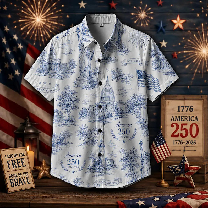 America 250 Hawaiian Shirt Men, Patriotic USA Button Down Shirt, 1776 2026 Freedom July 4th Aloha Gift Shirt