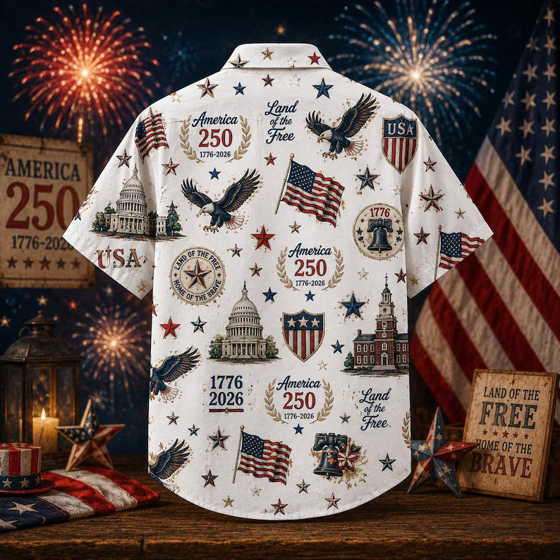 America 250 Hawaiian Shirt Men, Patriotic USA Button Down Shirt, 1776 2026 Freedom July 4th Aloha Gift Shirt