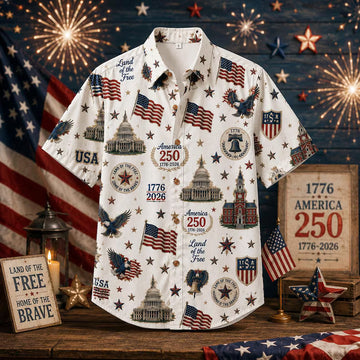 America 250 Hawaiian Shirt Men, Patriotic USA Button Down Shirt, 1776 2026 Freedom July 4th Aloha Gift Shirt