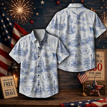 America 250 Hawaiian Shirt Men, Patriotic USA Button Down Shirt, 1776 2026 Freedom July 4th Aloha Gift Shirt