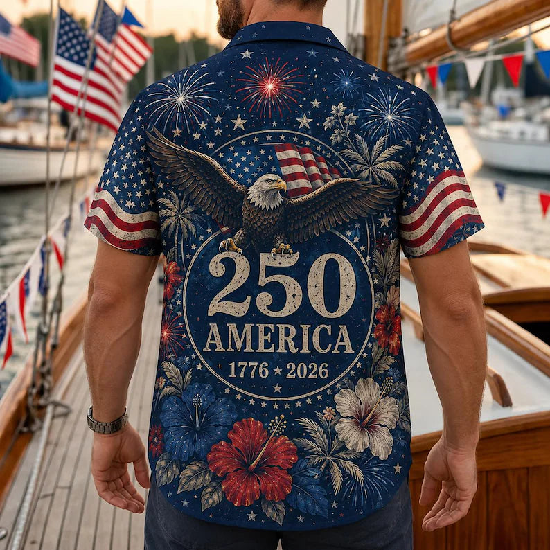 America 250 Hawaiian Shirt, Patriotic 1776 2026 Aloha Button Up, Eagle Fireworks USA Shirt, 4th of July Men Summer Shirt
