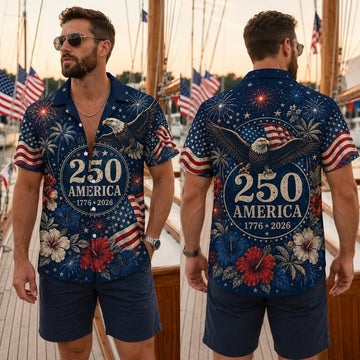 America 250 Hawaiian Shirt, Patriotic 1776 2026 Aloha Button Up, Eagle Fireworks USA Shirt, 4th of July Men Summer Shirt
