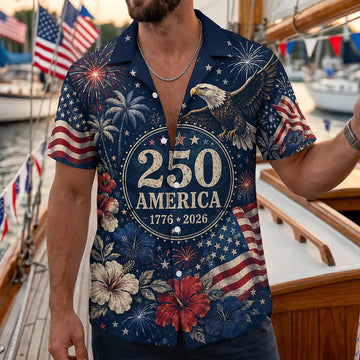 America 250 Hawaiian Shirt, Patriotic 1776 2026 Aloha Button Up, Eagle Fireworks USA Shirt, 4th of July Men Summer Shirt