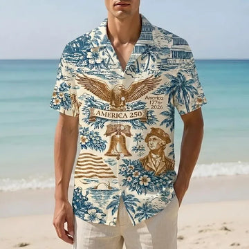 America 250 Hawaiian Shirt, Vintage Patriotic Shirt, 1776–2026 America Celebration Button Up, Summer Beach Outfit, Independence Day Shirt