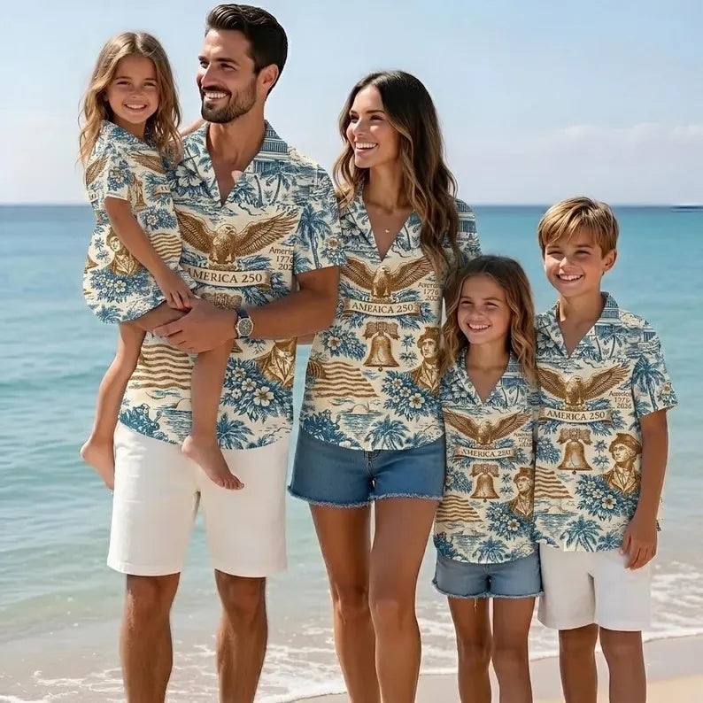 America 250 Hawaiian Shirt, Vintage Patriotic Shirt, 1776–2026 America Celebration Button Up, Summer Beach Outfit, Independence Day Shirt