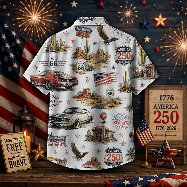 America 250 Route 66 Hawaiian Shirt Men, Vintage Patriotic Road Trip Aloha Shirt, 1776 2026 USA Freedom Top