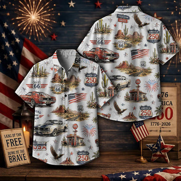 America 250 Route 66 Hawaiian Shirt Men, Vintage Patriotic Road Trip Aloha Shirt, 1776 2026 USA Freedom Top