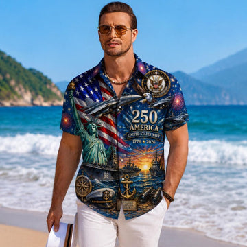 America 250 United States Navy Hawaiian Shirt,Patriotic Military Button Up Shirt,US Navy Veteran Gift, USA Military Hawaiian Shirt 1776-2026