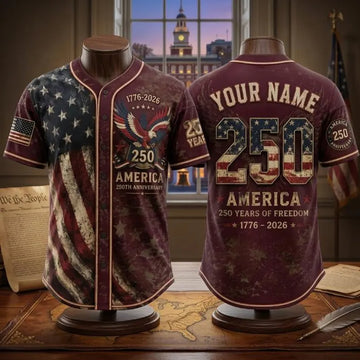 America 250th Anniversary Baseball Jersey, Custom Name USA Jersey, 1776–2026 Patriotic Baseball Shirt, Fourth of July Freedom Jersey