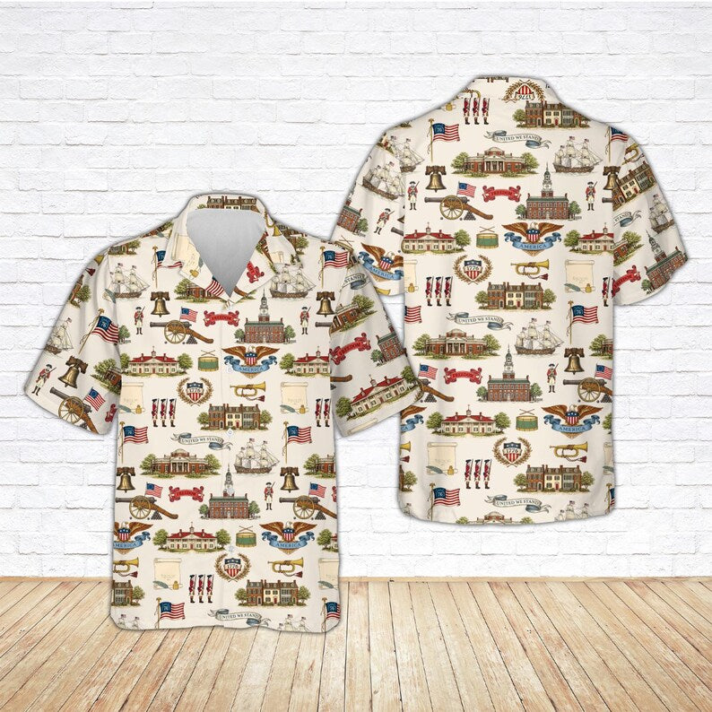 America 250th Anniversary Hawaiian Shirt, Patriotic 1776 Shirt, 4th of July USA Flag Button Down Shirt, Vintage Freedom Liberty Bell Shirt-1