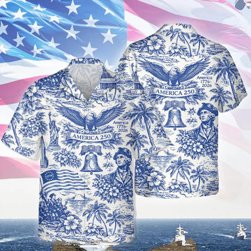 America 250th Anniversary Toile De Jouy Style Patriotic Hawaii Shirt, USA 250 Years Independence Apparel, Personalize 250 Years of America
