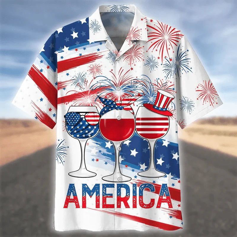 America 4th Of July Sunglasses Aloha Hawaiian Shirts For Summer, USA Glass Drinking Cheer Up Independence Day Aloha Hawaiian Shirt For Men Women