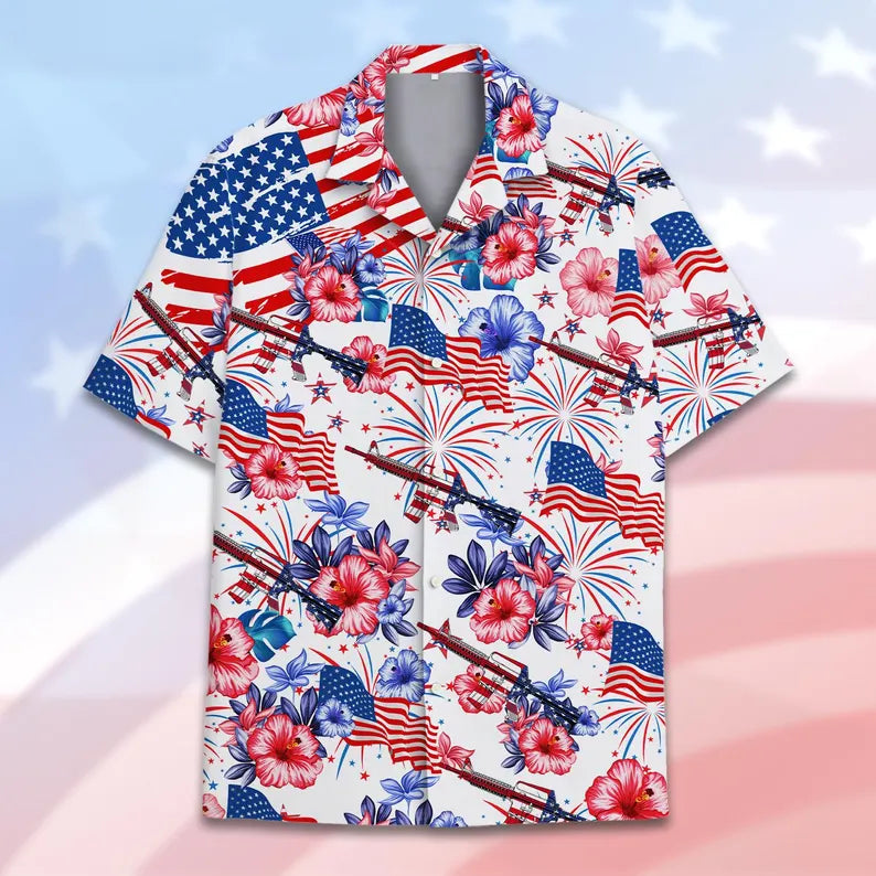 America 4th of July Hawaiian Shirt for Men, Patriotic USA Flag & Guns Shirt Button Down, Independence Day Celebration Shirt