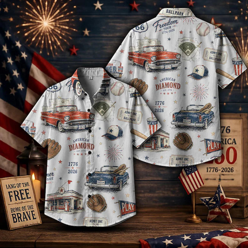American Diamond Baseball Hawaiian Shirt – Vintage Americana Summer Button Up, 250 Years of America Celebration Button Down