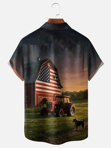 American Farm Hawaiian Shirt for Men, Red Barn Tractor Dog Print Button Down, Patriotic Gift for Farmers