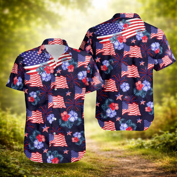 American Flag Hawaiian Shirt, Patriotic Aloha Shirt, USA Beach Shirt, Gift for Dad Husband Summer Outfit