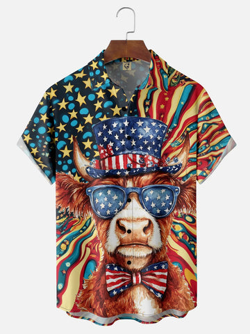 American Flag Western Cow Chest Pocket Casual Hawaiian Shirt