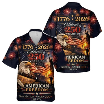 American Freedom 250 Hawaiian Shirt, 1776 2026 Patriotic Eagle Flag Button Up