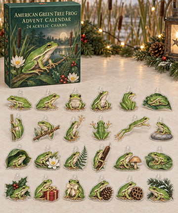 American Green Tree Frog advent calendar with 24 custom-shaped flat acrylic charms and printed dimensional artwork 2026 - 24-Day Countdown, Acrylic Charms