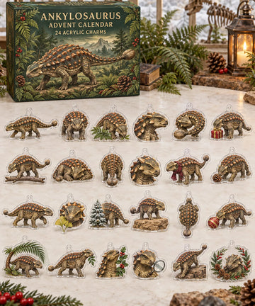 Ankylosaurus advent calendar with 24 custom-shaped flat acrylic charms and printed dimensional artwork 2026 - 24-Day Countdown, Acrylic Charms