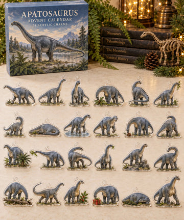 Apatosaurus advent calendar with 24 custom-shaped flat acrylic charms and printed dimensional artwork 2026 - 24-Day Countdown, Acrylic Charms