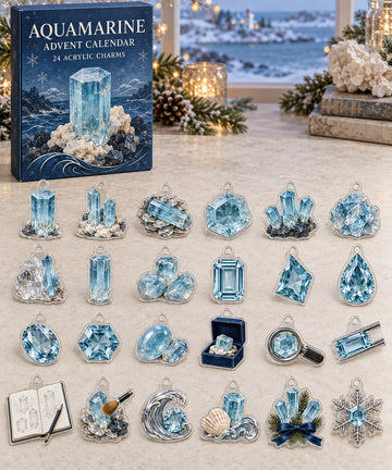 Aquamarine advent calendar with 24 custom-shaped flat acrylic charms and printed dimensional artwork 2026 - 24-Day Countdown, Acrylic Charms