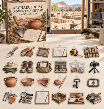 Archaeologist advent calendar with 24 custom-shaped flat acrylic charms and printed dimensional artwork 2026 - 24-Day Countdown, Acrylic Charms