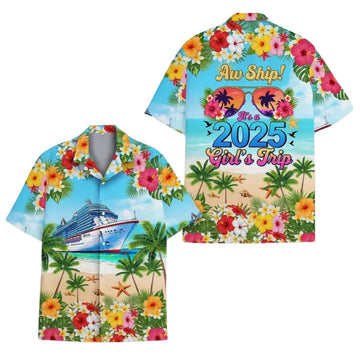 Aw Ship It's A Girl's Trip Custom Floral Cruise Hawaiian Shirt For Women, Custom Cruise Girl Trip Hawaiian Shirts HE0302