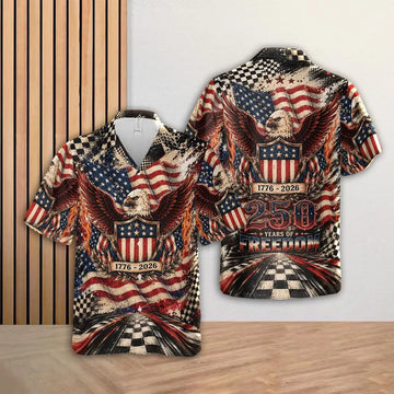 Bad Eagle 250th Anniversary Hawaiian Shirt, Patriotic 1776-2026 Button, USA Racing Flag Summer Beach Shirt, 250 Years Of Freedom Button Down