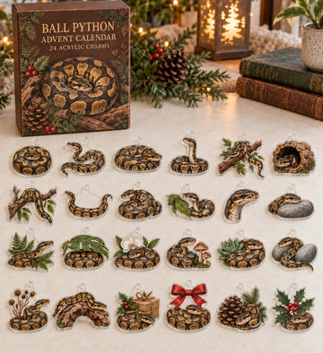 Ball Python advent calendar with 24 custom-shaped flat acrylic charms and printed dimensional artwork 2026 - 24-Day Countdown, Acrylic Charms