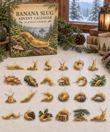 Banana Slug advent calendar with 24 custom-shaped flat acrylic charms and printed dimensional artwork 2026 - 24-Day Countdown, Acrylic Charms