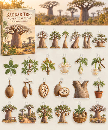Baobab Tree advent calendar with 24 custom-shaped flat acrylic charms and printed dimensional artwork 2026 - 24-Day Countdown, Acrylic Charms