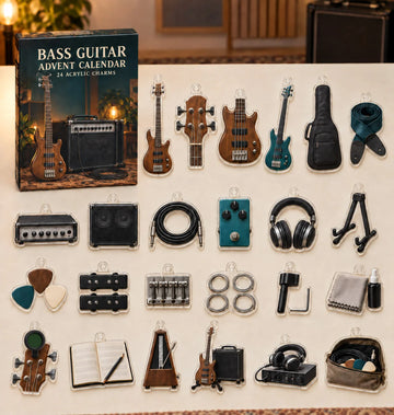 Bass Guitar advent calendar with 24 custom-shaped flat acrylic charms and printed dimensional artwork 2026 - 24-Day Countdown, Acrylic Charms