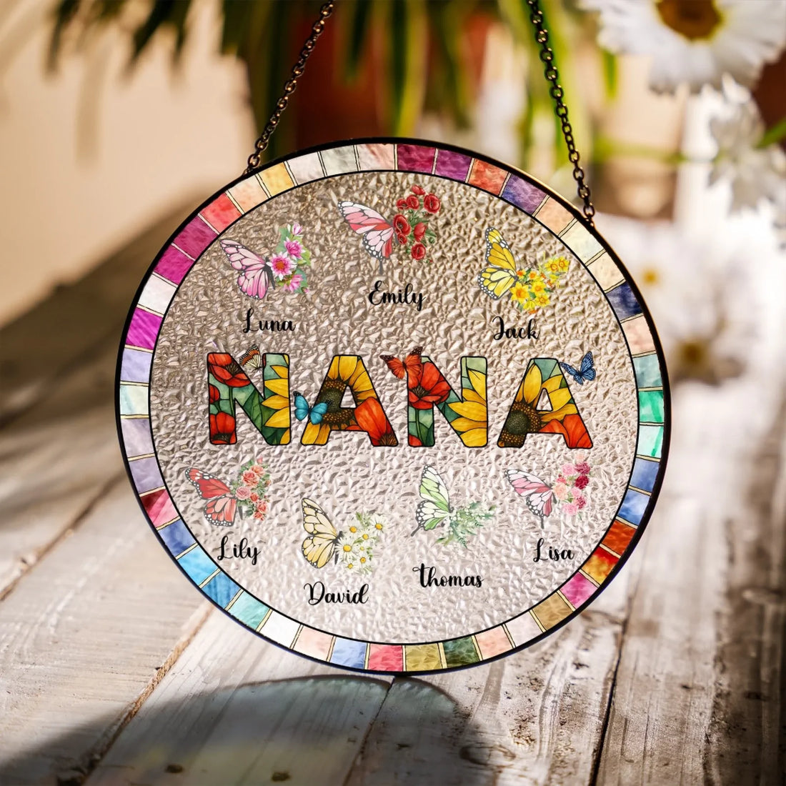 Beautiful Butterflies Surround Nana Personalized Window Stained Glass Custom Gift For Grandma Nanas Home Decor