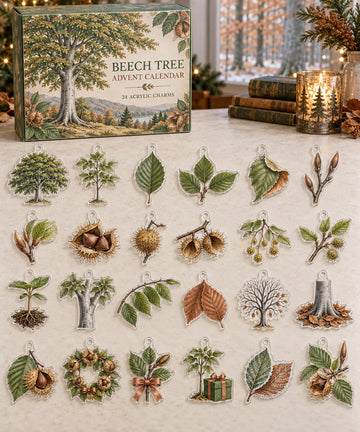 Beech Tree advent calendar with 24 custom-shaped flat acrylic charms and printed dimensional artwork 2026 - 24-Day Countdown, Acrylic Charms