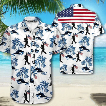 Bigfoot American Flag Coconut Tree White And Blue Aloha Hawaiian Shirts For Men Women, 4th Of July Gift For Summer, Friend, Family, Independence Day