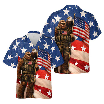 Bigfoot American Flag Hawaiian Shirt For Men, Patriotic Bigfoot Sasquatch Hawaiian Shirt For 4th Of July HE0230