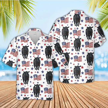 Black Angus American Flag Pattern Hawaiian Shirt, funny cow hawaiian shirt, 4th of july hawaiian shirt HO0032