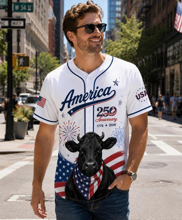 Black Angus Cow Baseball Jersey, Black Angus Cattle In American Flag Jersey, USA 250 Anniversary Black Angus Baseball Unisex Shirt