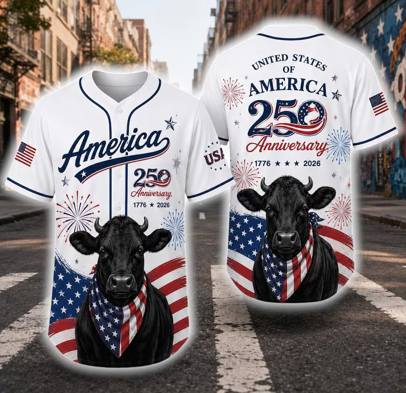 Black Angus Cow Baseball Jersey, Black Angus Cattle In American Flag Jersey, USA 250 Anniversary Black Angus Baseball Unisex Shirt