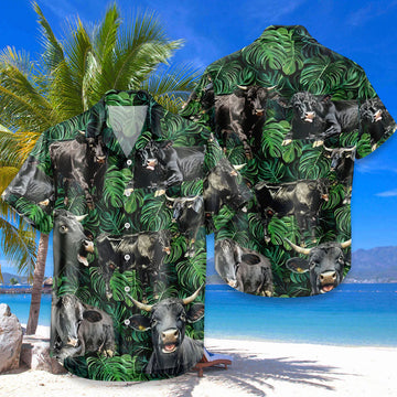 Black Angus Hawaiian Shirt – Dark Tropical Monstera Jungle Cattle Aloha Button Down