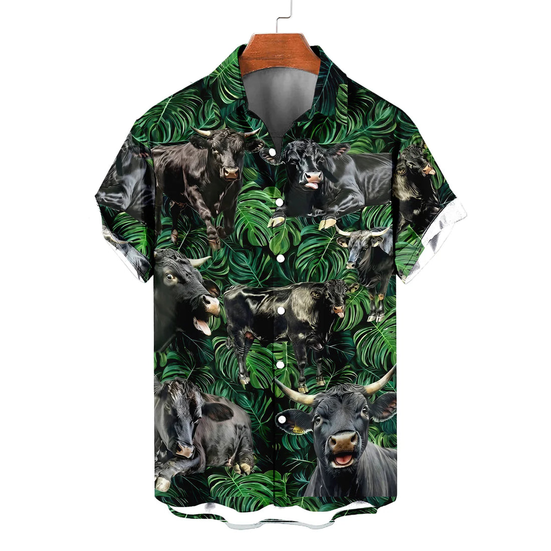 Black Angus Hawaiian Shirt – Dark Tropical Monstera Jungle Cattle Aloha Button Down