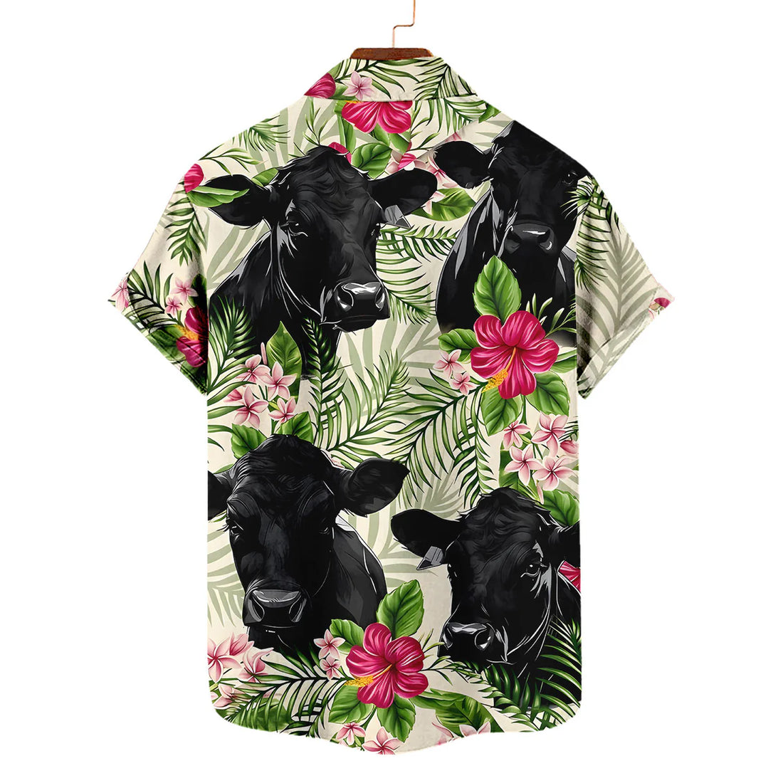 Black Angus Hawaiian Shirt – Tropical Hibiscus Palm Leaves Cattle Aloha Button Down