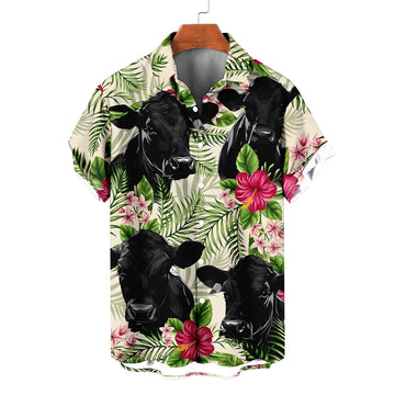 Black Angus Hawaiian Shirt – Tropical Hibiscus Palm Leaves Cattle Aloha Button Down